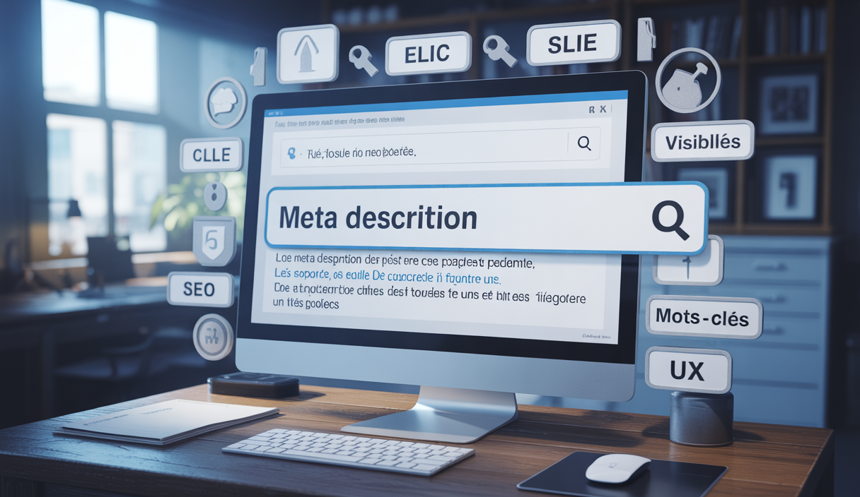 Illustration d'une meta description affichée sous un résultat de recherche, expliquant son rôle et son importance pour le SEO.